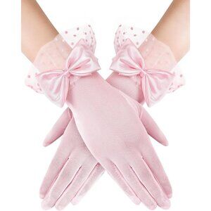 Women's Short Pink Bow Lace Gloves Tea Party Elegant Opera Wedding Accessories